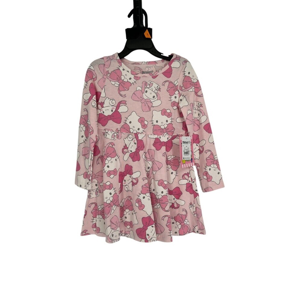 Hello Kitty Toddler Girls Dress Size 2T Sanrio Long Sleeve Pink Bows Print